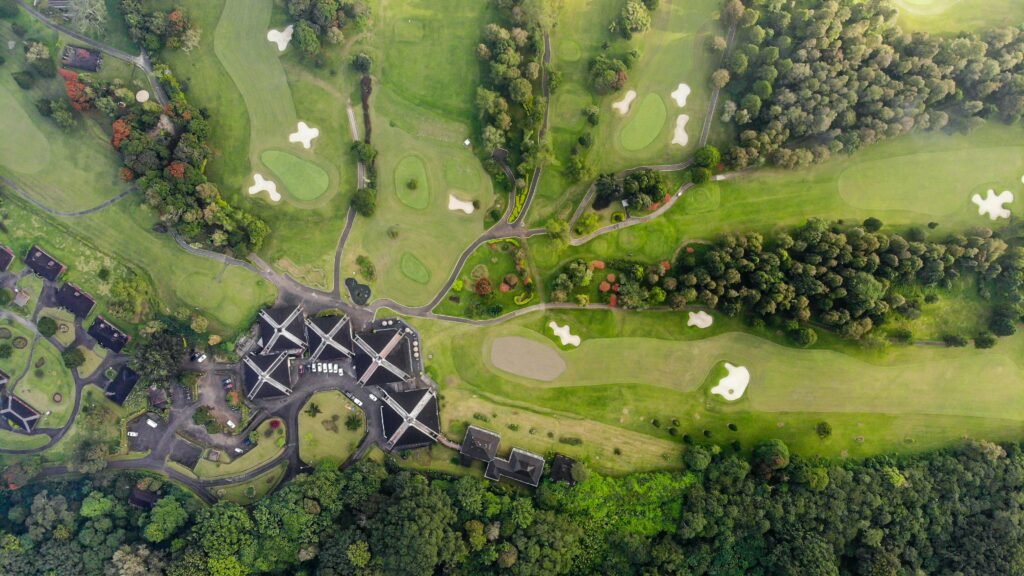 A breathtaking aerial view of a luxurious golf course in Bali, Indonesia.